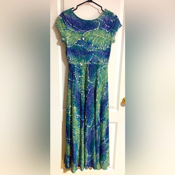 Chaps Leafy Tropical Maxi Short Sleeve Cotton Green & Blue Dress Size Small - Picture 6 of 8